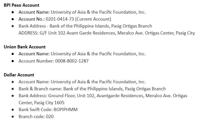 University of Asia and the Pacific Bank Accounts